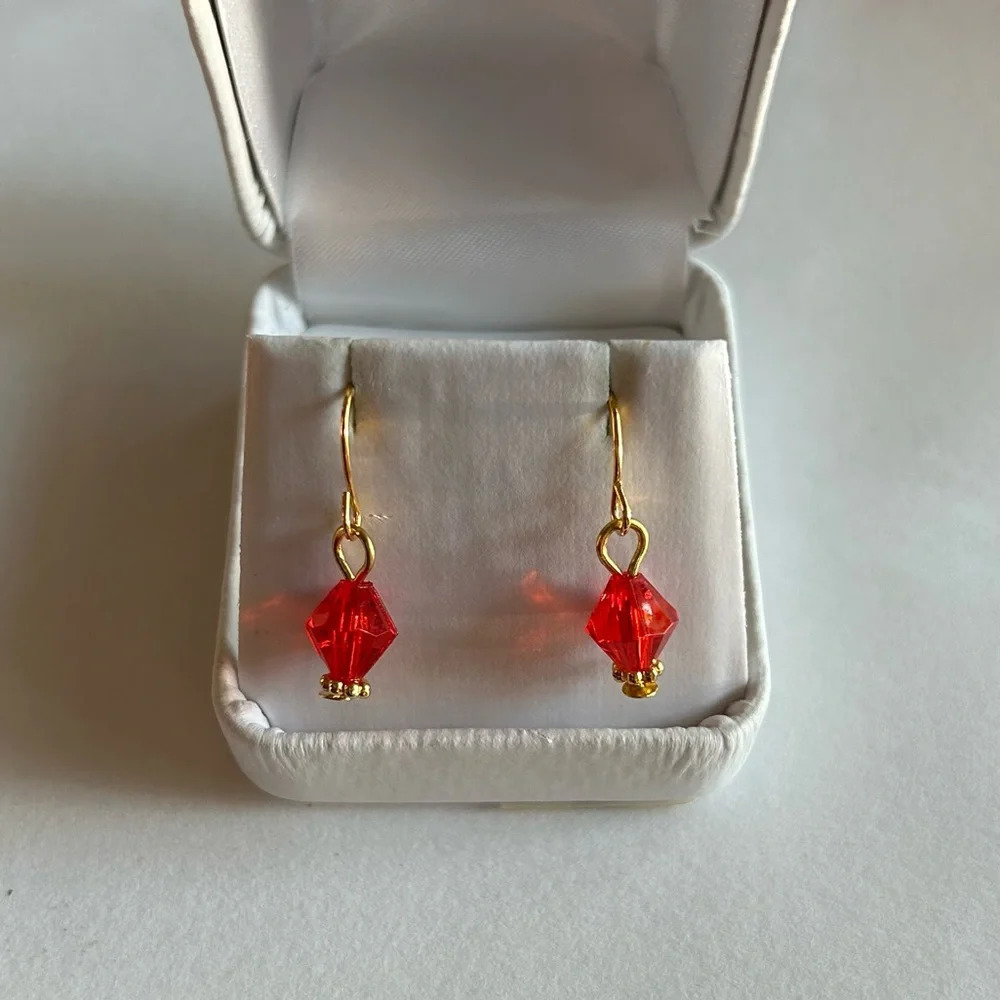 3/$20 Red Crystal Ornate Gold Plated Dangling Drop Earrings